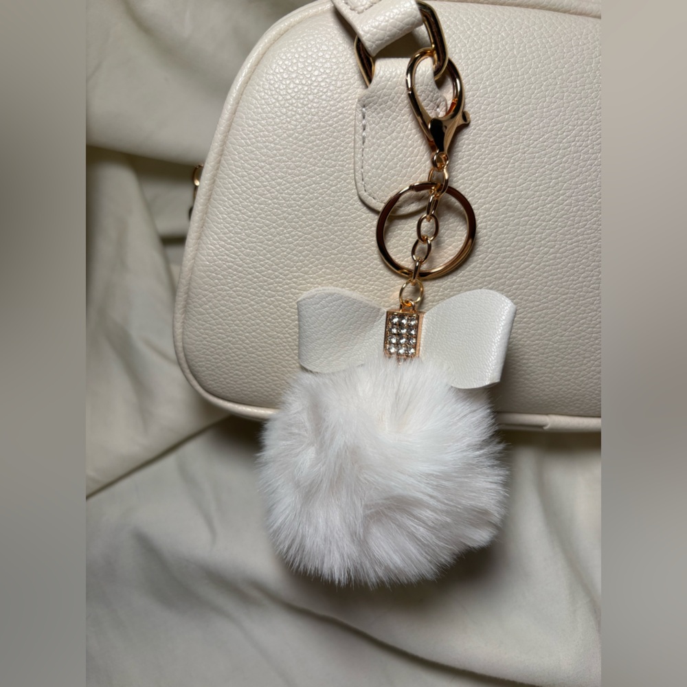 White Fluffy Rhinestone Bow Pom Pom Keychain Bag Charm